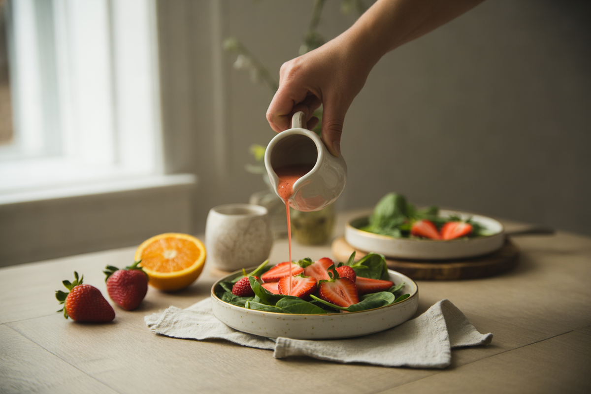 Strawberry orange dressing poured over spinach salad