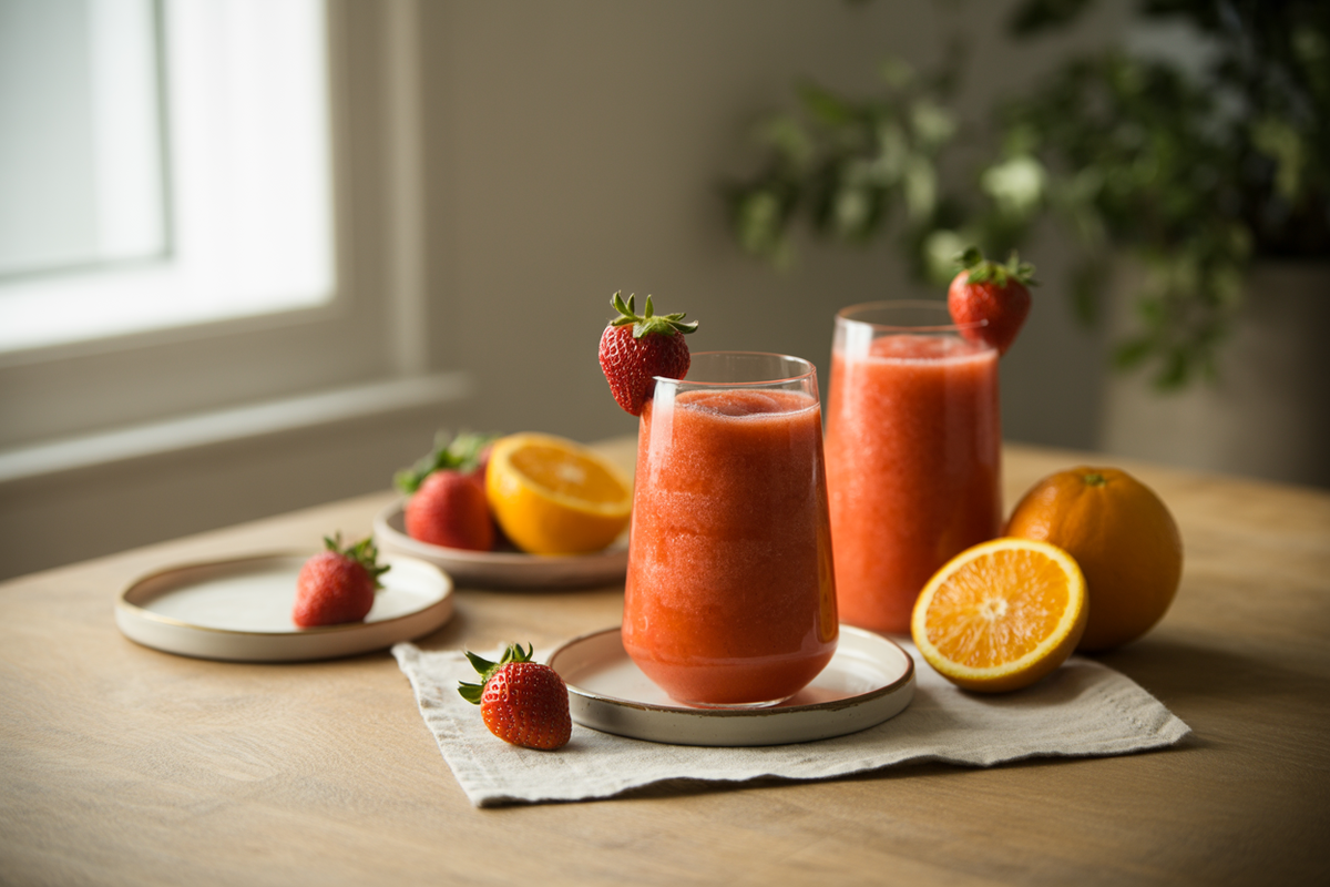Strawberry orange slushy with fresh strawberries and oranges
