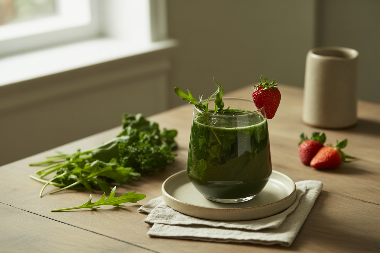Strawberry veg-smoothie with arugula, kale and parsley
