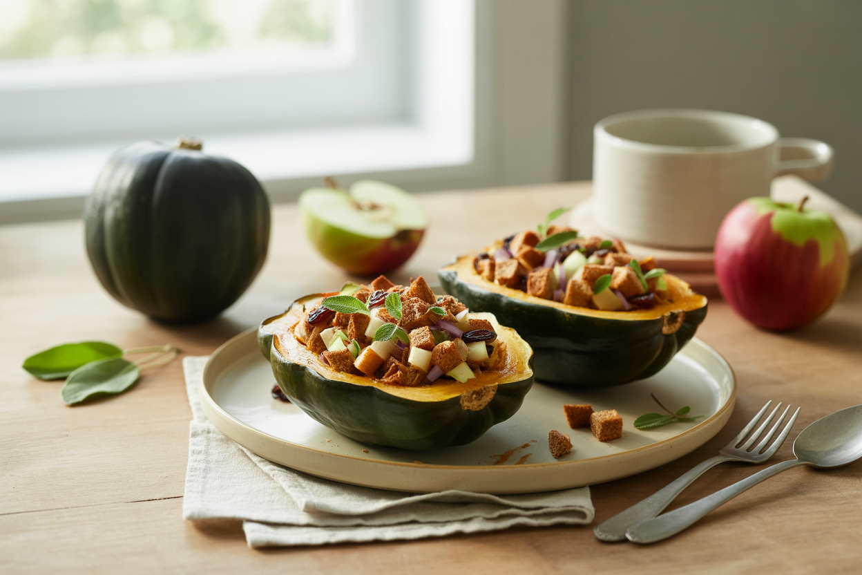 Roasted acorn squash halves filled with apple, raisin and whole grain bread stuffing