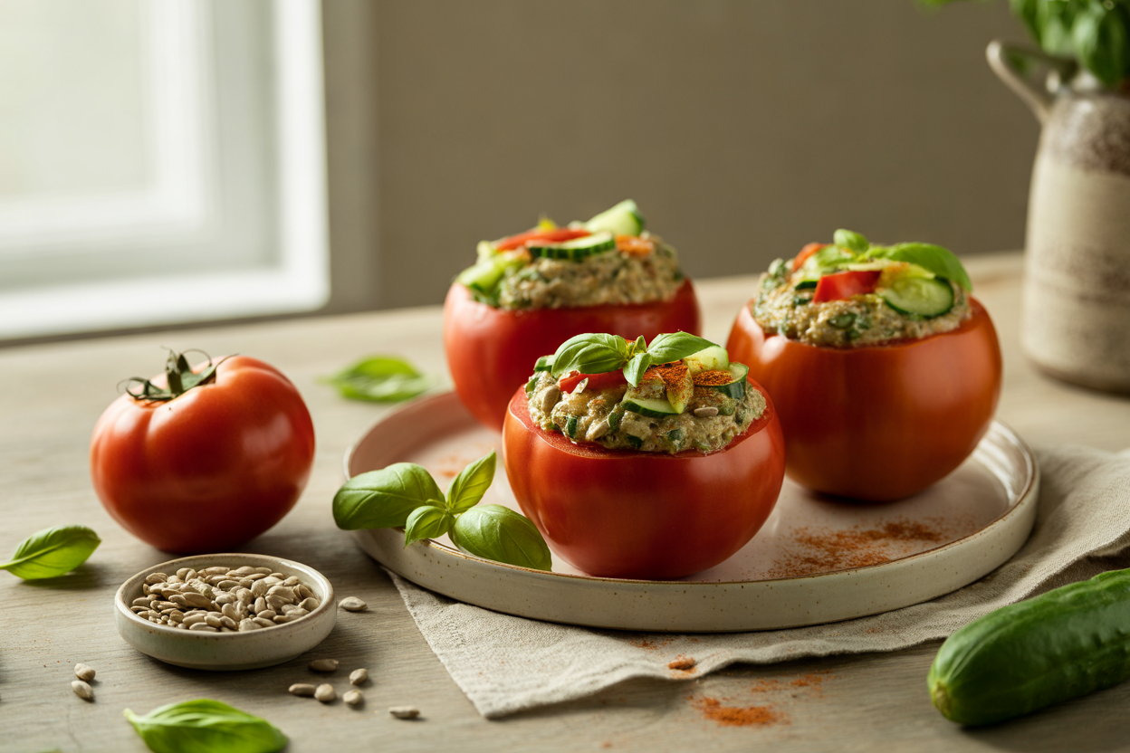 Tomatoes stuffed with sunflower seed pate, vegetables and basil