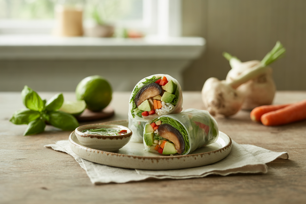 Summer rolls with portobello, avocado and basil