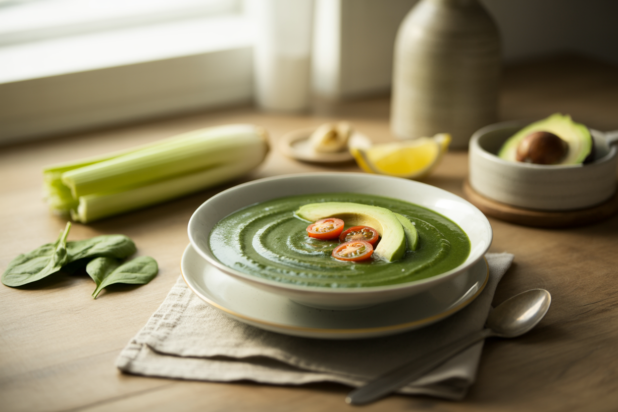 Bowl of green spinach soup garnished with cherry tomatoes and avocado