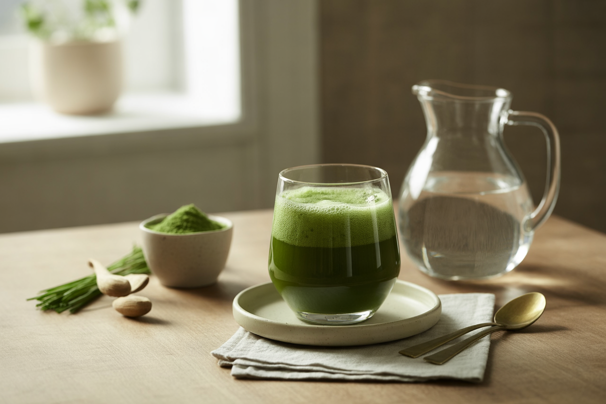 Frothy green BarleyMax drink