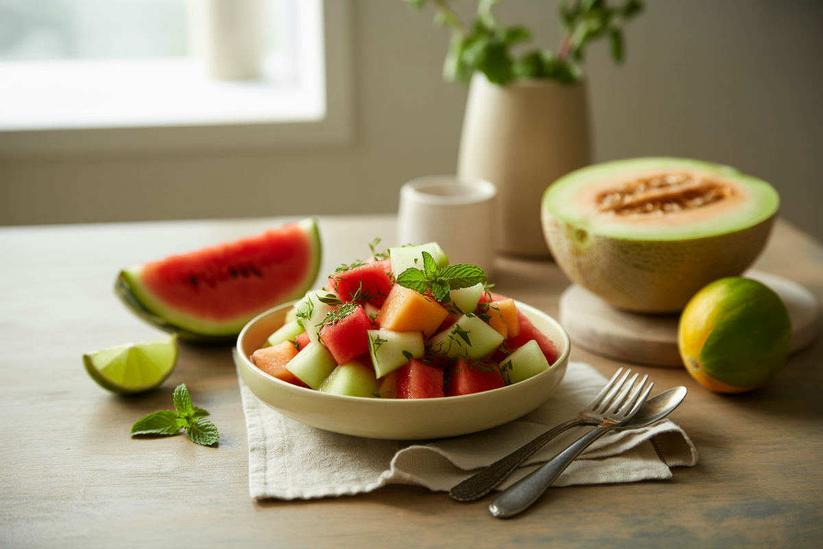 Summer melon salad of watermelon and cantaloupe with mint and lime