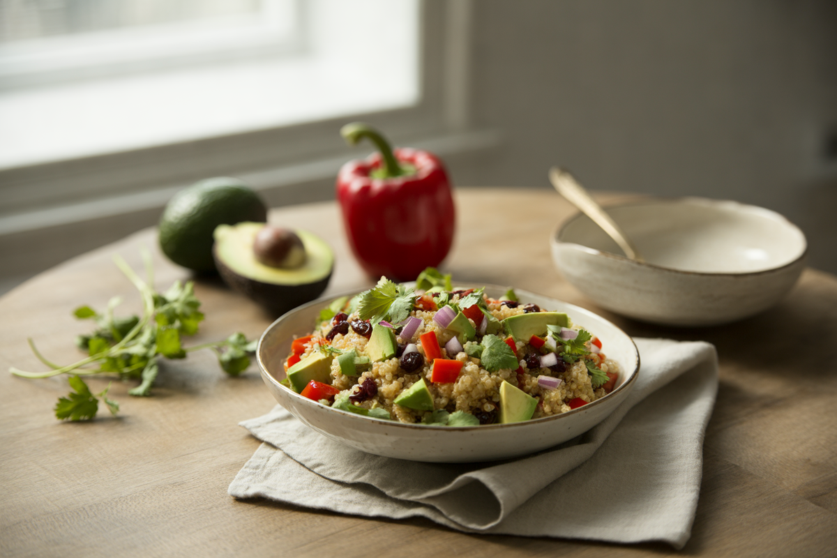 Summer quinoa salad with cranberries, avocado and red pepper