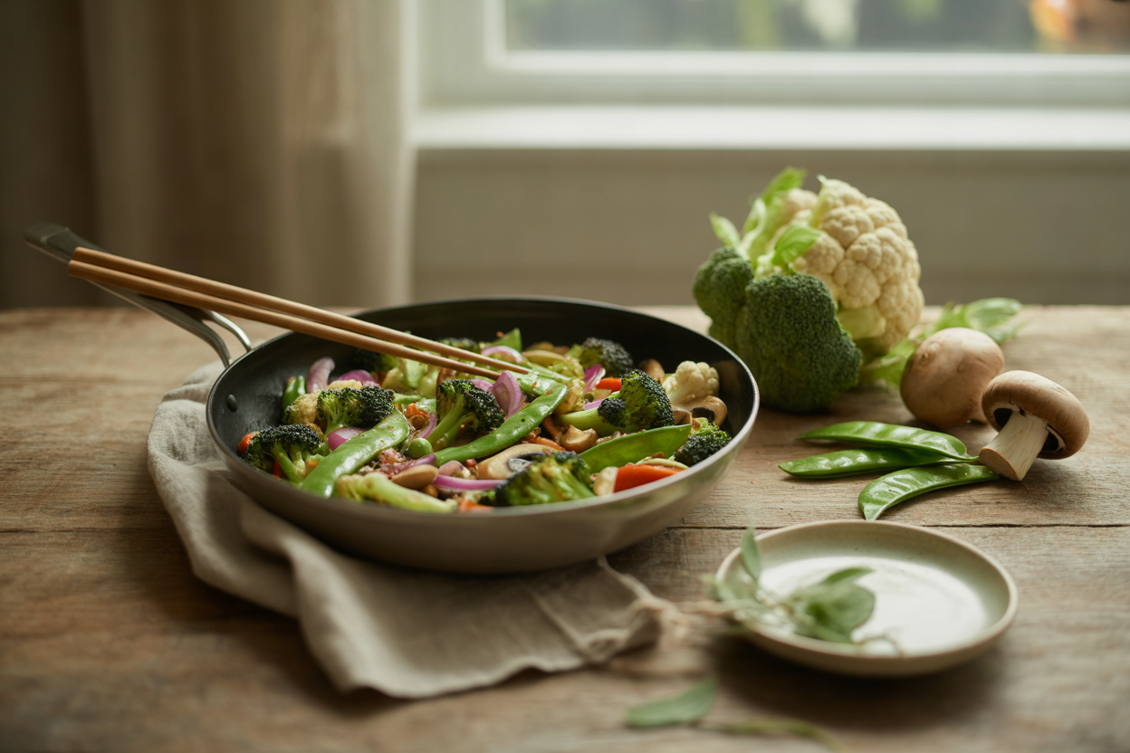 Vegetable stir fry with broccoli and snow peas