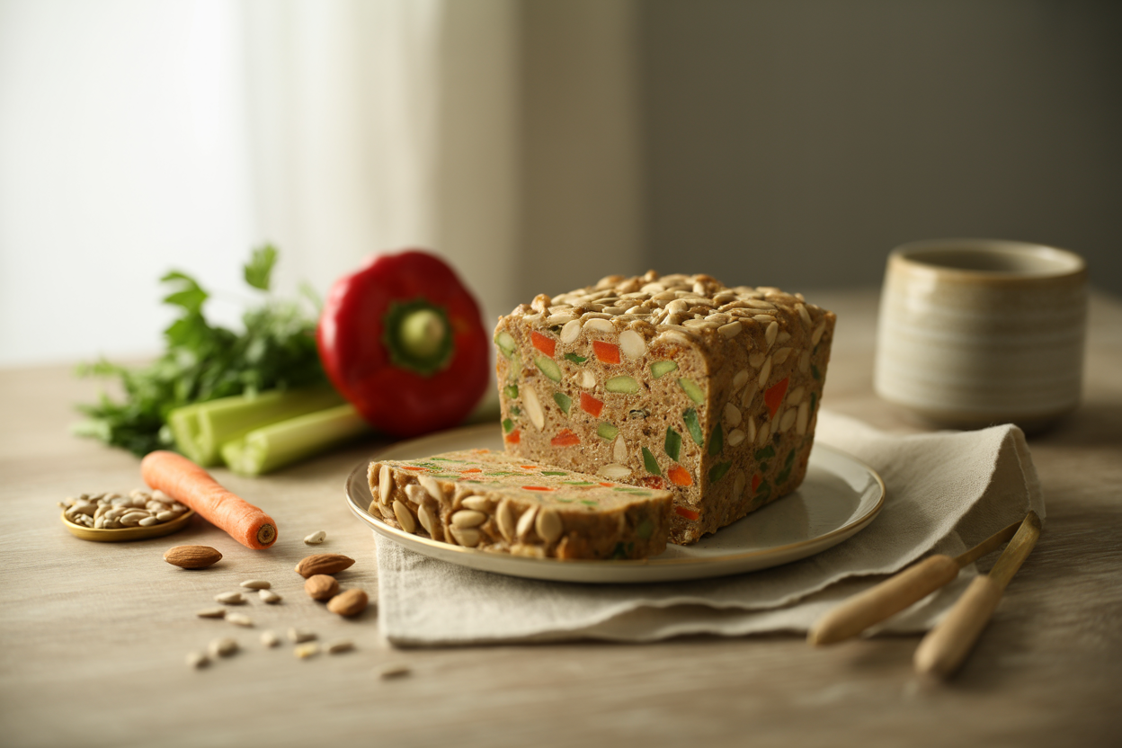 Raw sunflower almond nut loaf sliced to show red pepper, carrot and parsley