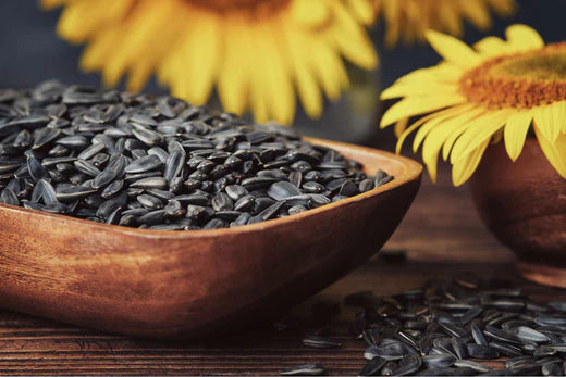 sunflower seeds in a wooden bowl and spilled on the table with sunflowers in the background
