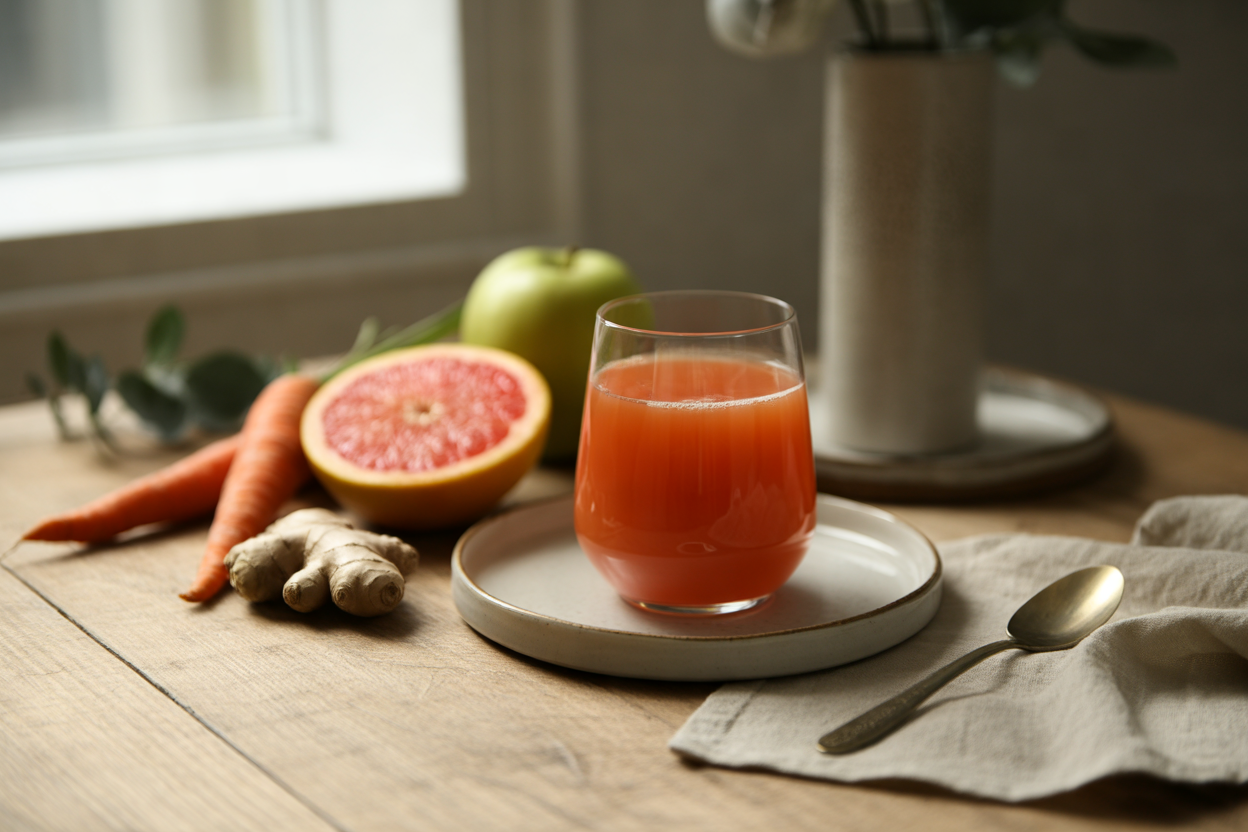 Sunrise juice with pink grapefruit, carrot, apple and ginger