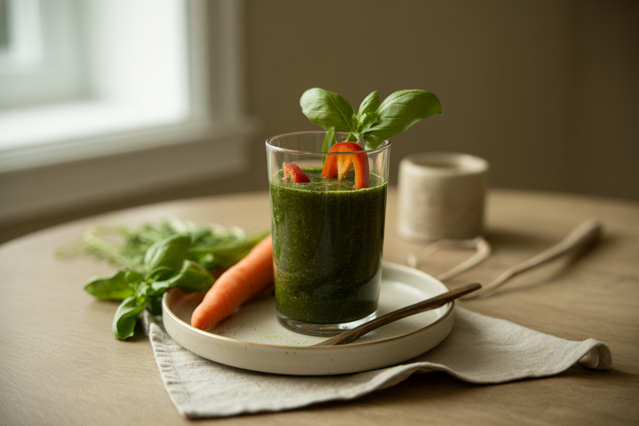 SuperStar vegetable smoothie with arugula, spinach, basil and carrot