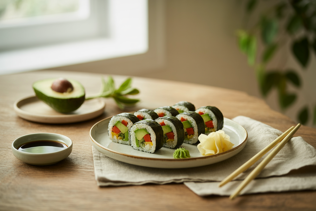 Vegetable sushi rolls with brown rice, avocado, cucumber and carrot