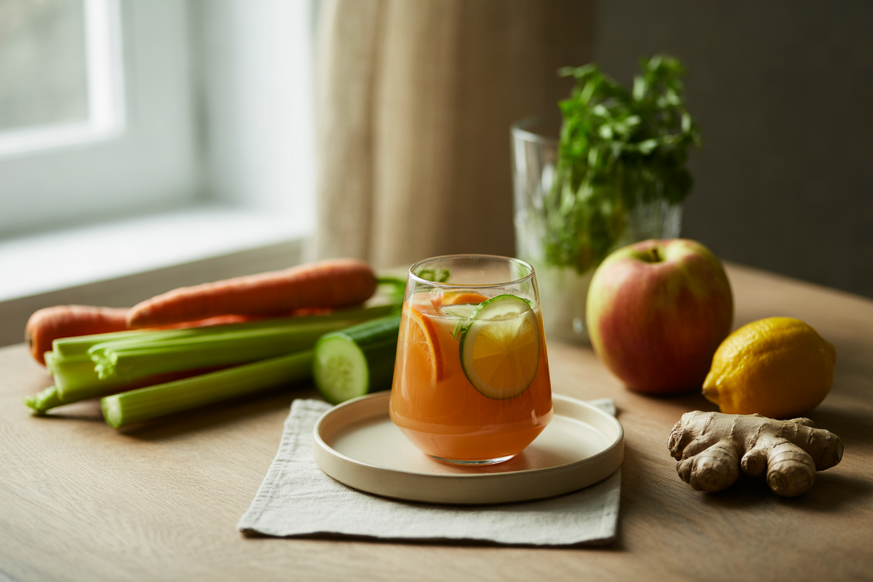 Carrot celery juice with apple, cucumber, lemon and ginger