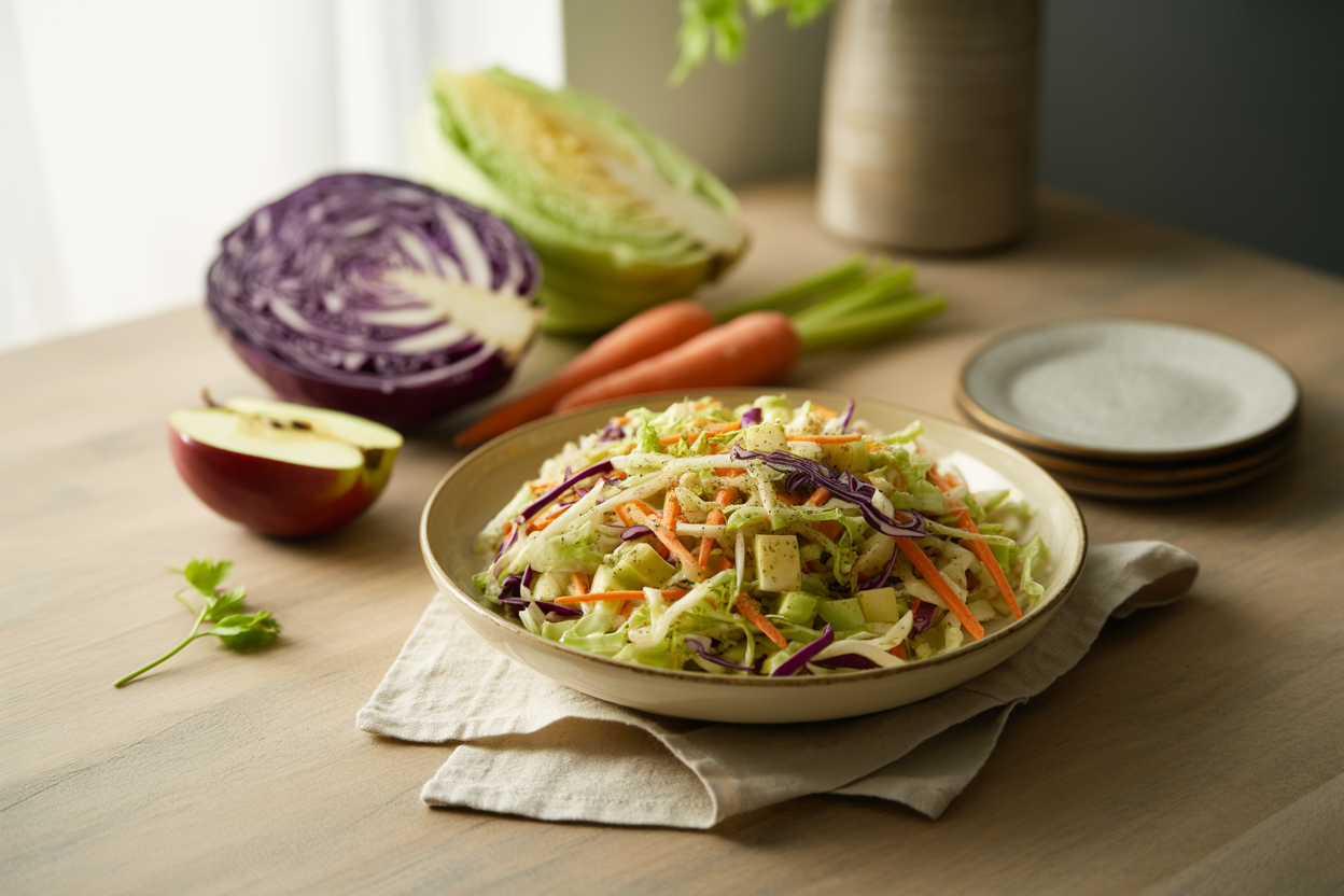 Sweet and sour slaw with green and purple cabbage, carrot and apple