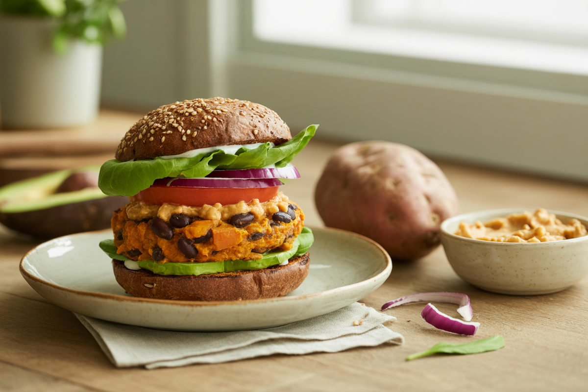 Sweet potato black bean burger with cashew cheese, lettuce, tomato and avocado