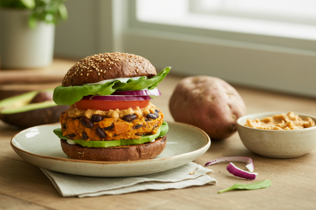 Sweet potato black bean burger with cashew cheese, lettuce, tomato and avocado