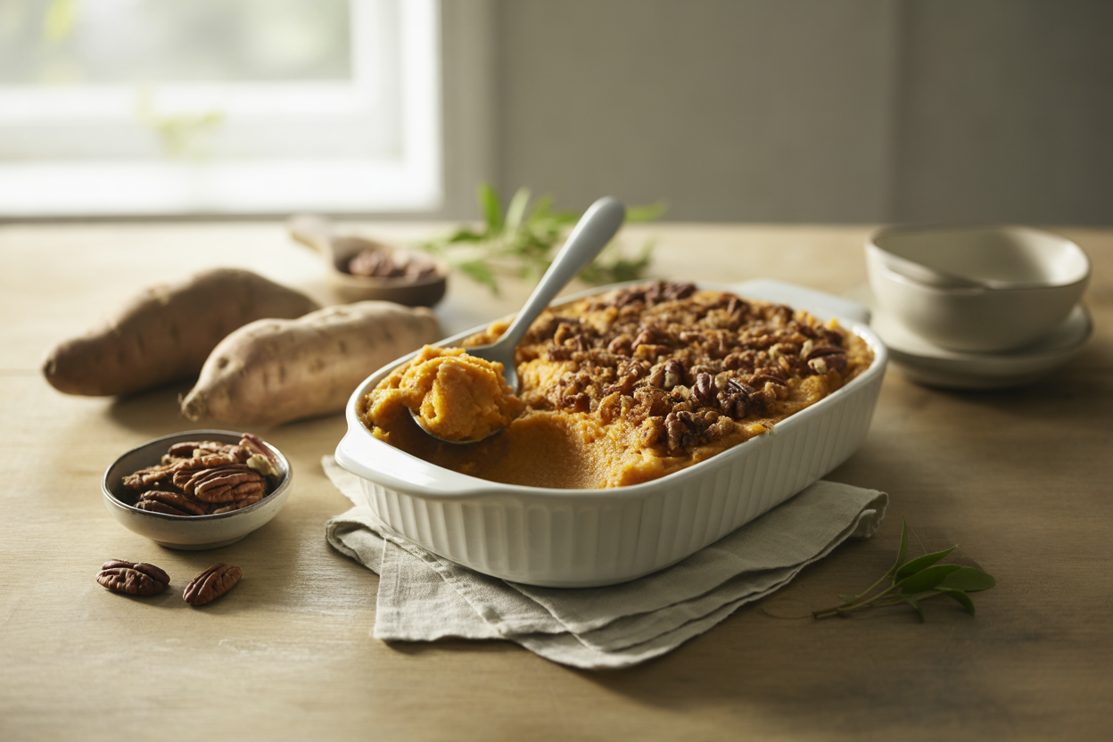 Sweet potato casserole with a pecan crumble topping