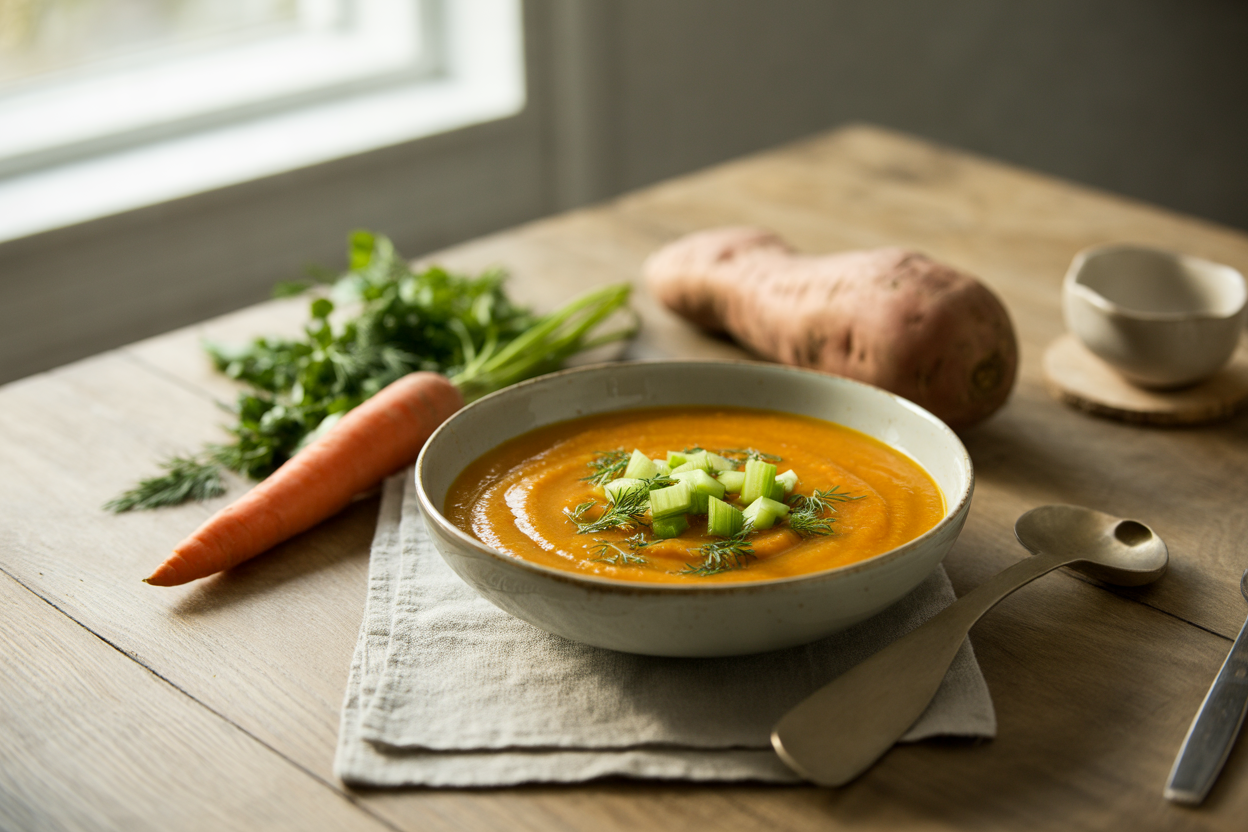 Raw sweet potato carrot soup with celery, parsley and dill