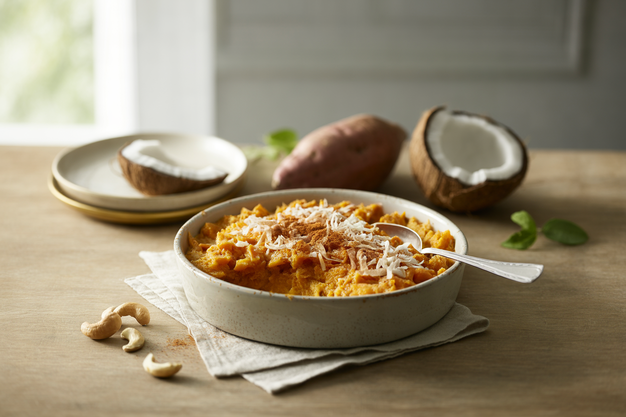 Baked grated sweet potatoes with coconut milk, cashews and toasted coconut