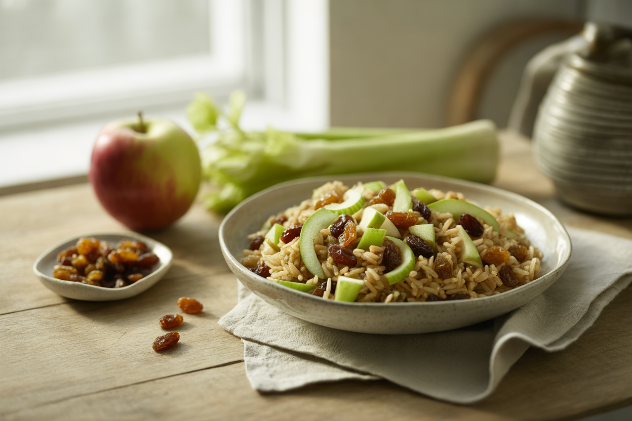 Sweet rice treat with raisins, apple and celery