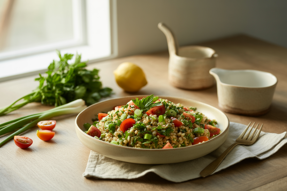 Tabouli salad with bulgur, parsley, mint and cherry tomatoes