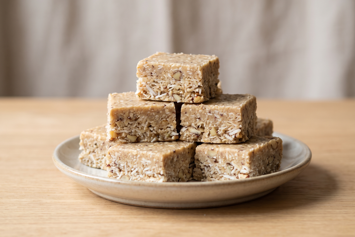 Tahini crunch bar made with tahini, almond butter, raw carob and shredded coconut