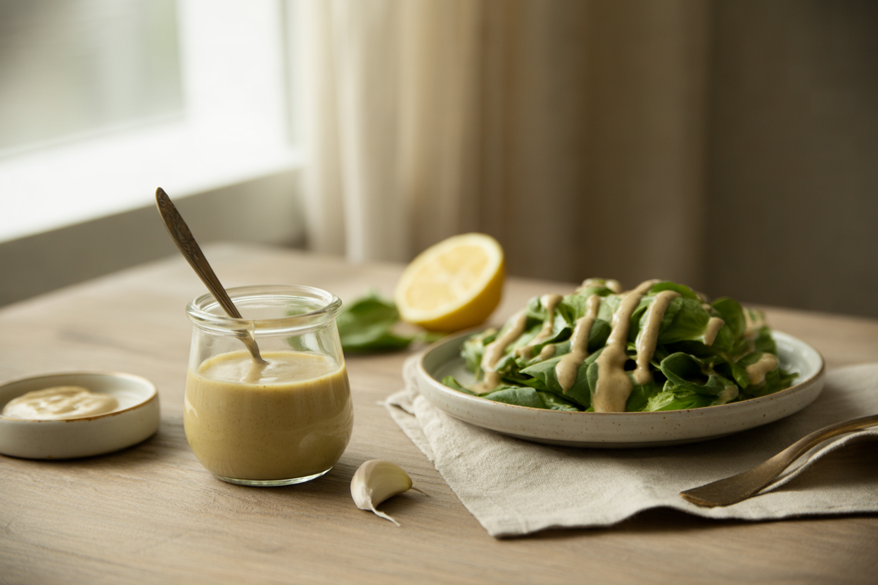 Creamy tahini lemon salad dressing