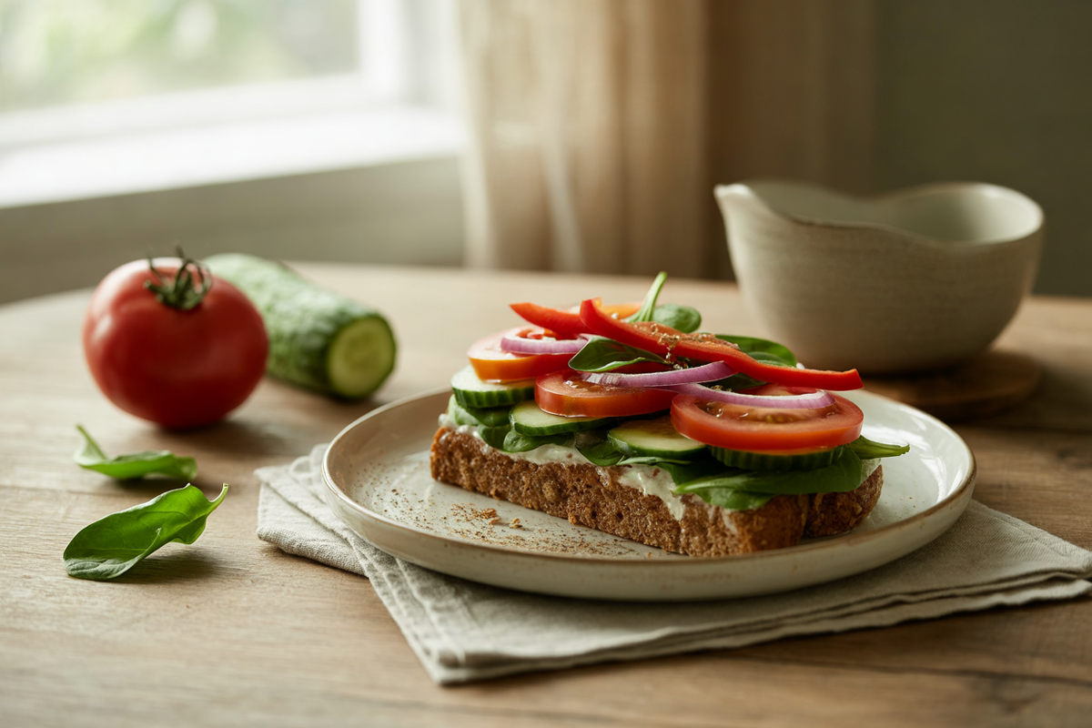 Tomato sandwich with cucumber, red onion, peppers and spinach on whole grain bread