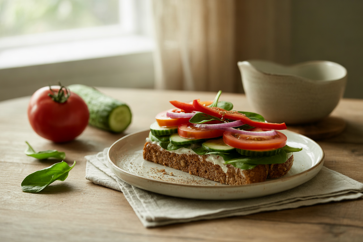 Tomato sandwich with cucumber, red onion, peppers and spinach on whole grain bread