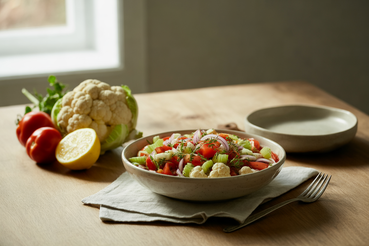 Cauliflower tomato salad with celery and Italian herbs
