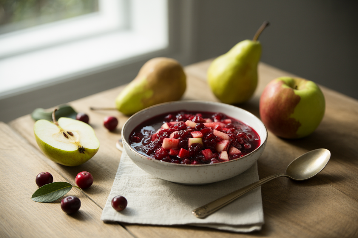 Healthy cranberry sauce with chopped pear and apple