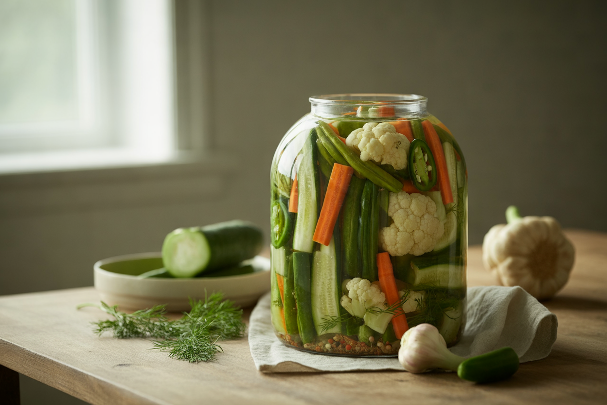 Homemade dill pickled vegetables in a jar