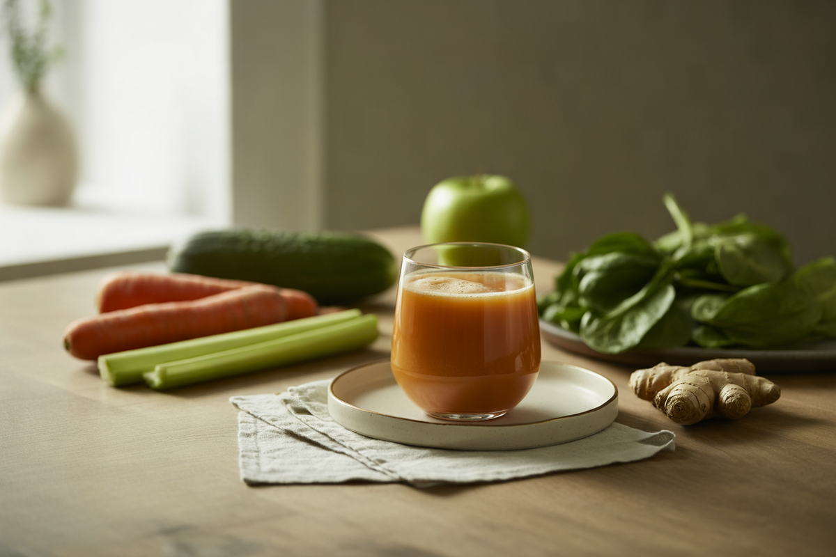 Alkaline juice with carrot, cucumber, celery, spinach and ginger