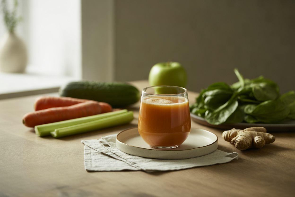 Alkaline juice with carrot, cucumber, celery, spinach and ginger