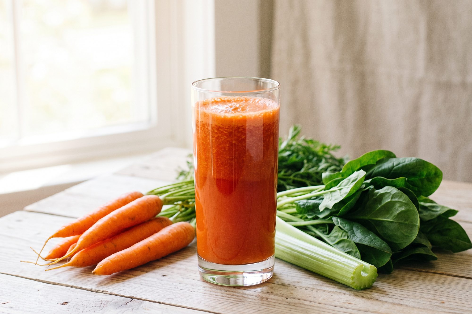 Glass of fresh carrot juice with carrots, spinach and celery