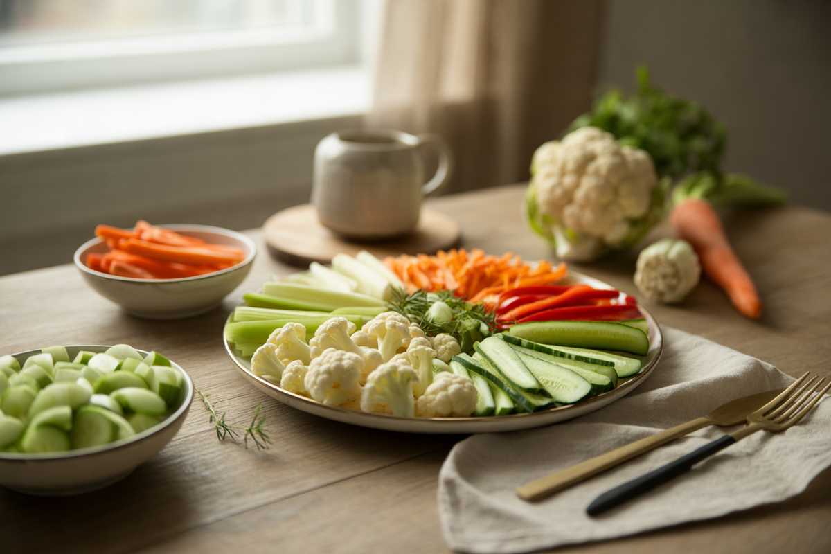 Eat the color salad with cauliflower, celery, carrots, red pepper and cucumber