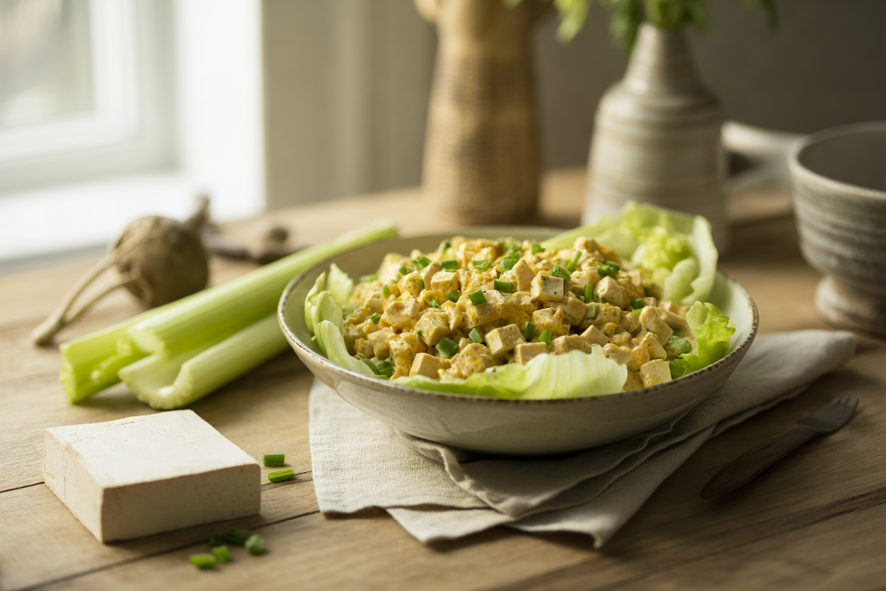 Tofu eggless salad on lettuce with celery and chives