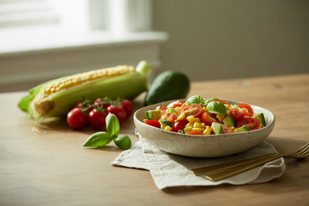 Tomato and corn salad with avocado, cucumber and basil