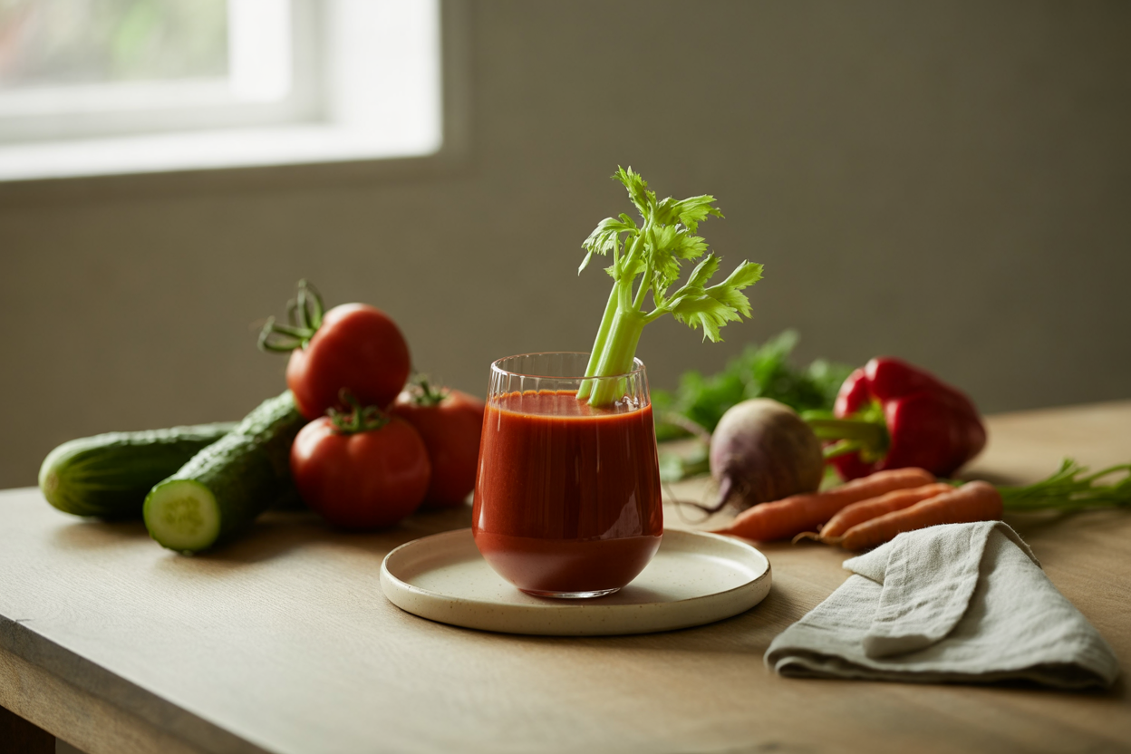 Fresh tomato juice cocktail with celery, carrot and cucumber