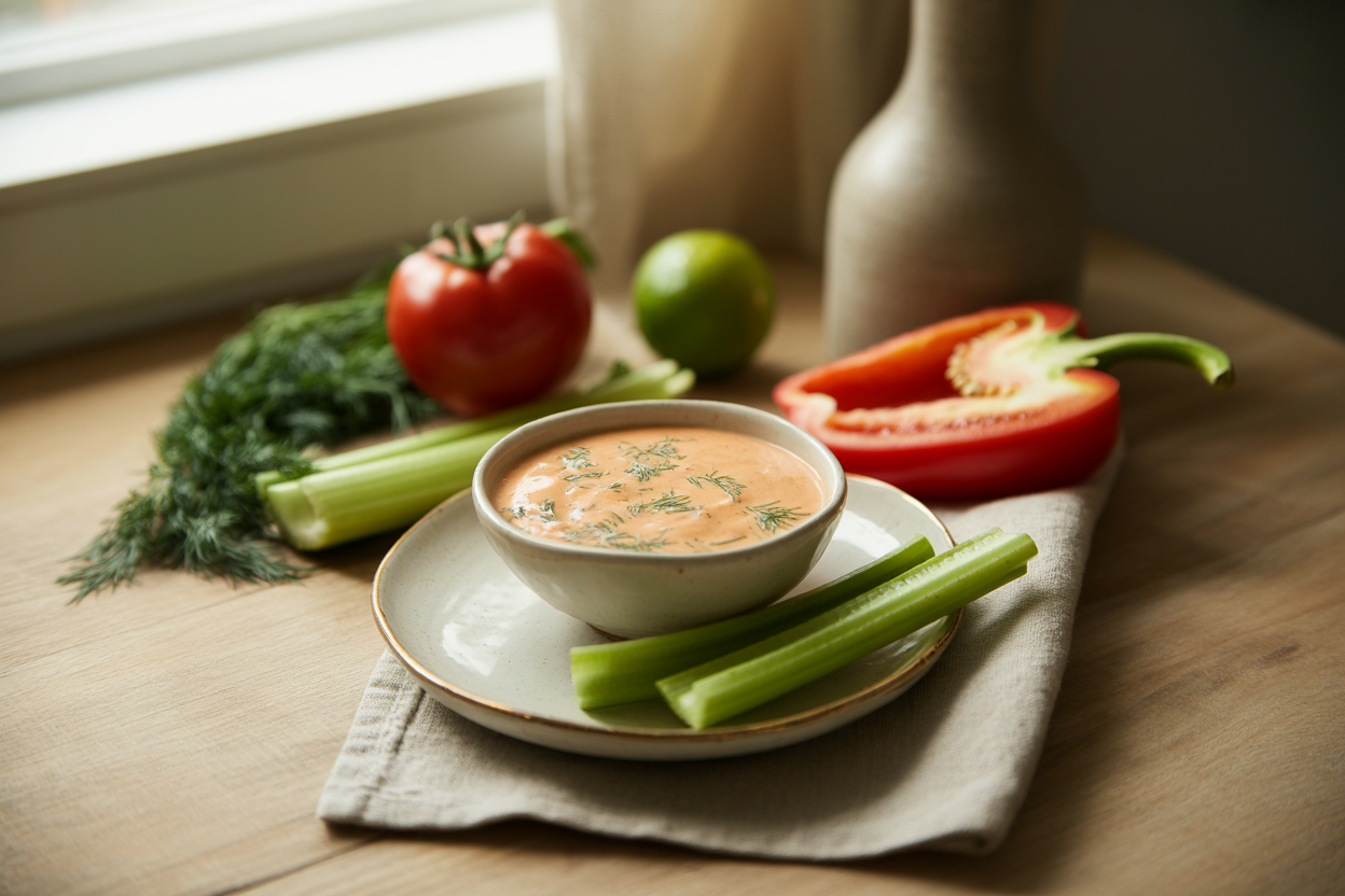 Tomato ranch dressing with fresh dill, tomato and red bell pepper