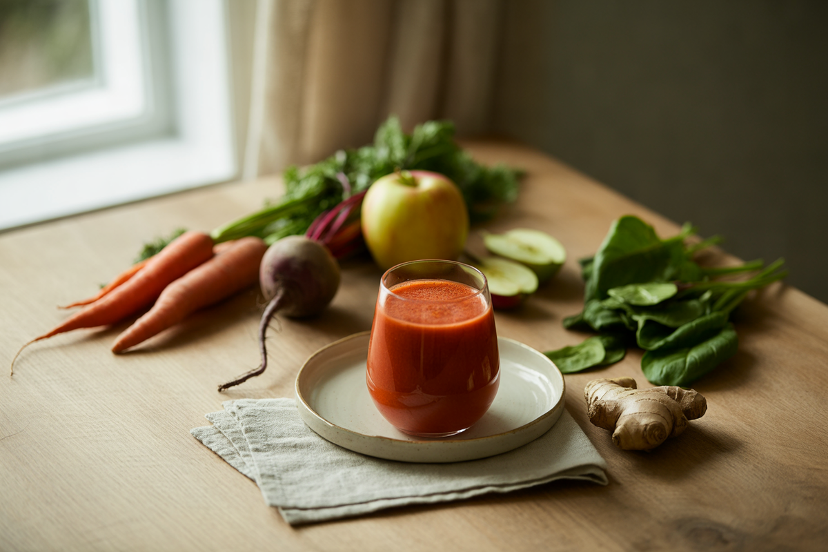 Morning veggie juice with carrot, apple, beet and spinach