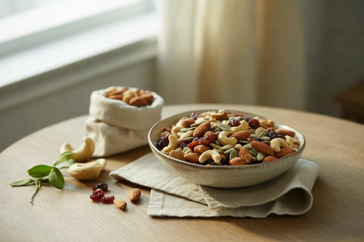 Homemade trail mix with nuts, seeds and dried fruit