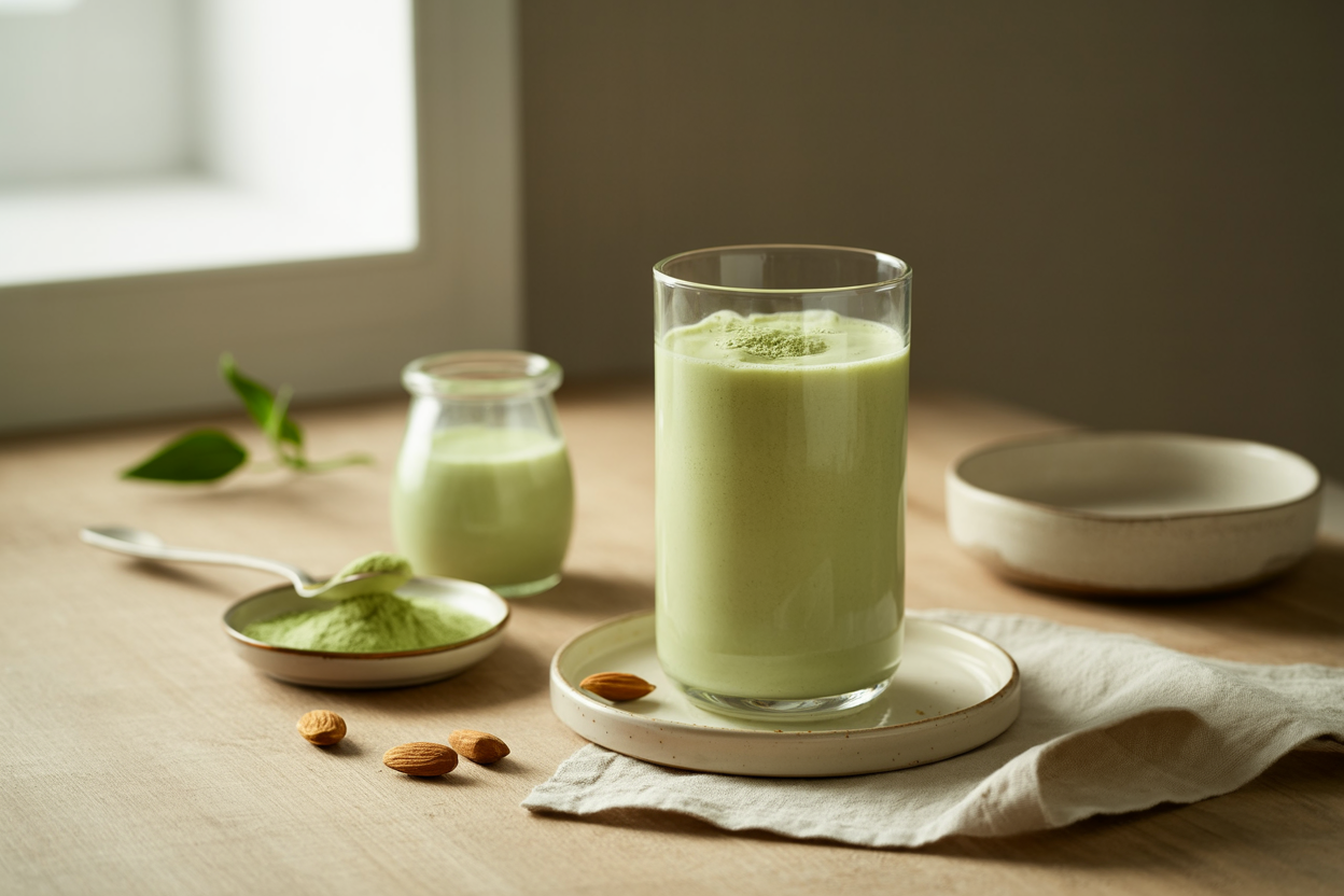 Glass of TrioMax Hunger Quencher, green powder blended into almond milk
