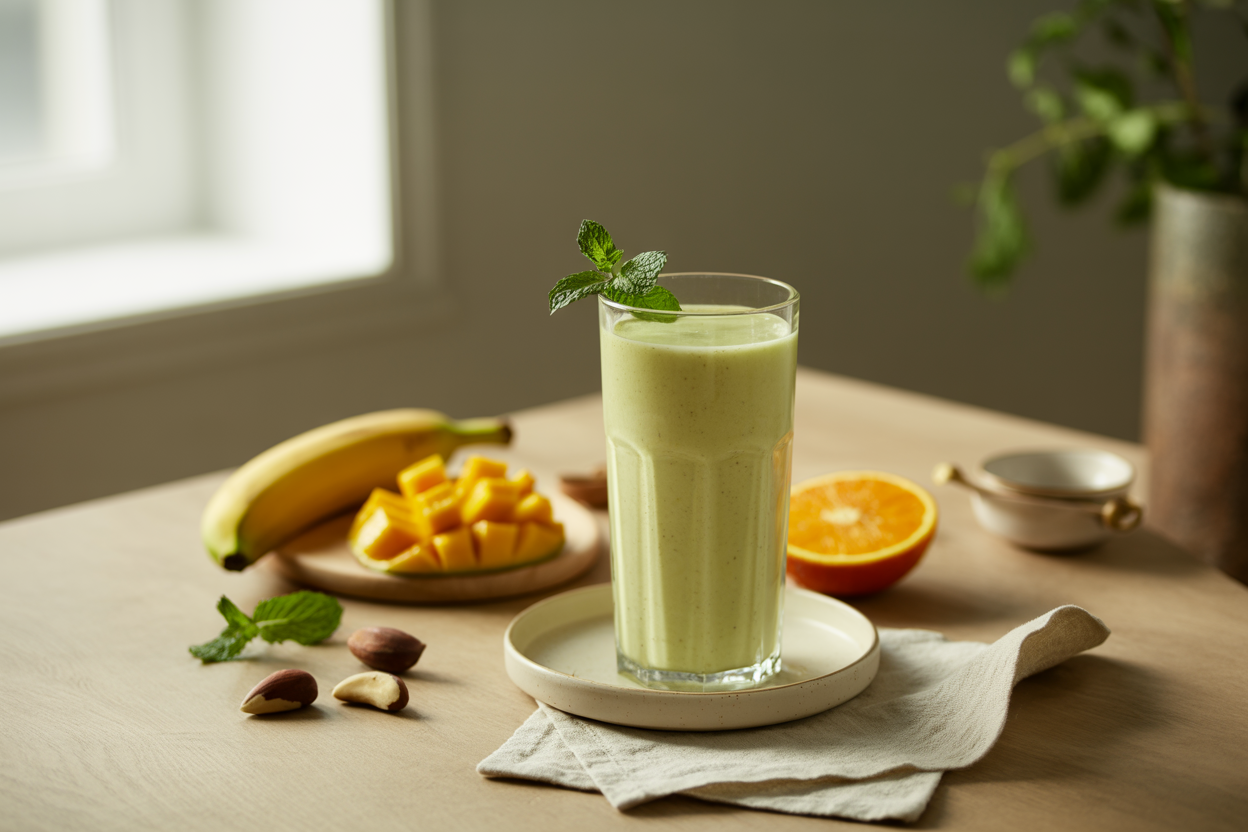 Tropical protein shake with banana, mango, orange and mint
