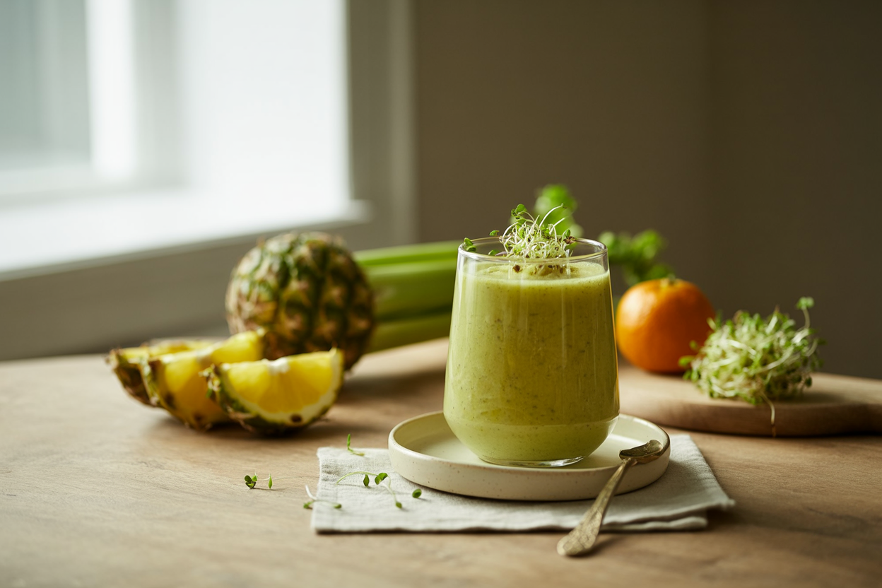 Tropical sprout smoothie with pineapple and tangerine