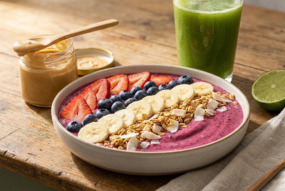 A thick tropical berry smoothie bowl topped with sliced strawberries, blueberries, banana, granola and coconut flakes.