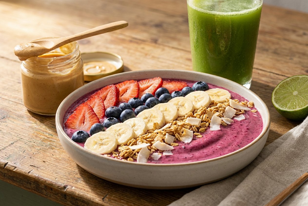 A thick tropical berry smoothie bowl topped with sliced strawberries, blueberries, banana, granola and coconut flakes.