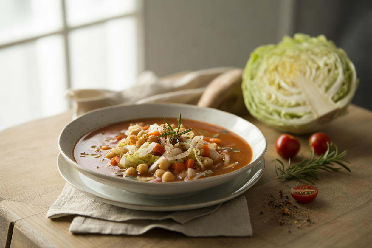 Tuscan tomato soup with cabbage, chickpeas, carrots and rosemary