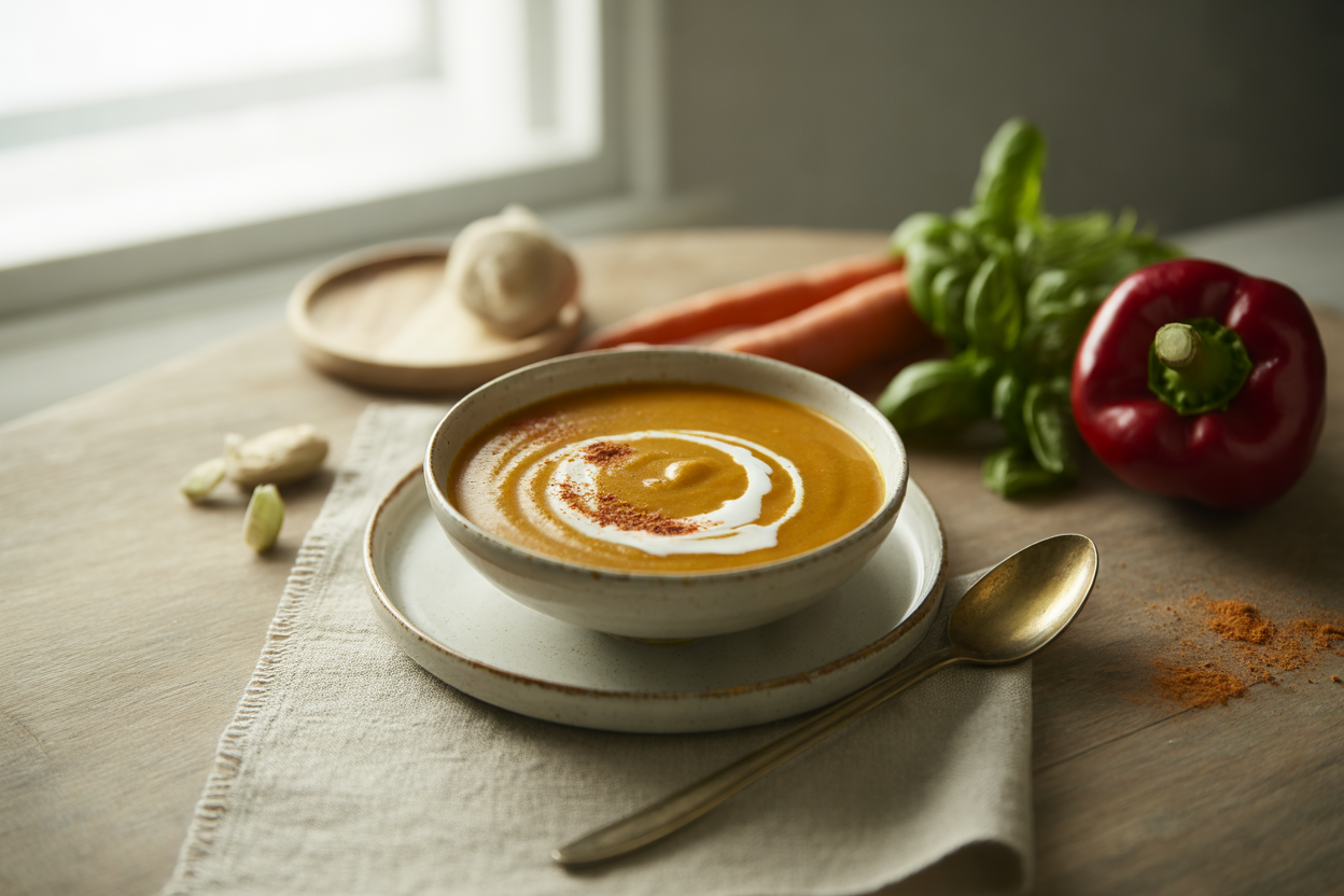 Unique carrot soup with red pepper and almond