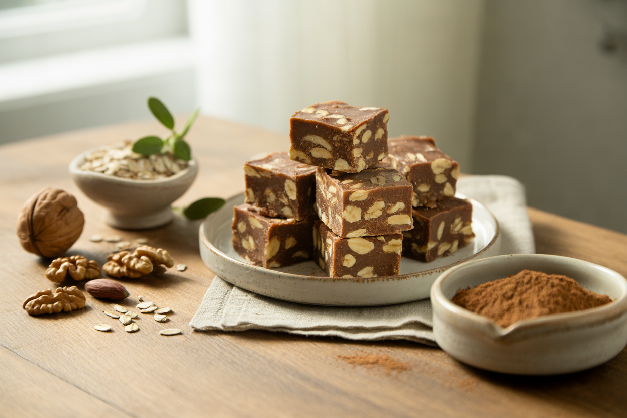 Raw carob oat fudge with walnuts and pecans